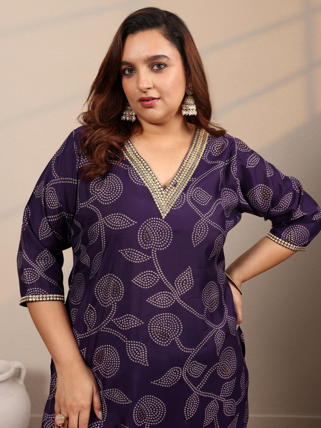 Plus Size Purple Printed Silk Blend Straight Suit Set With Dupatta