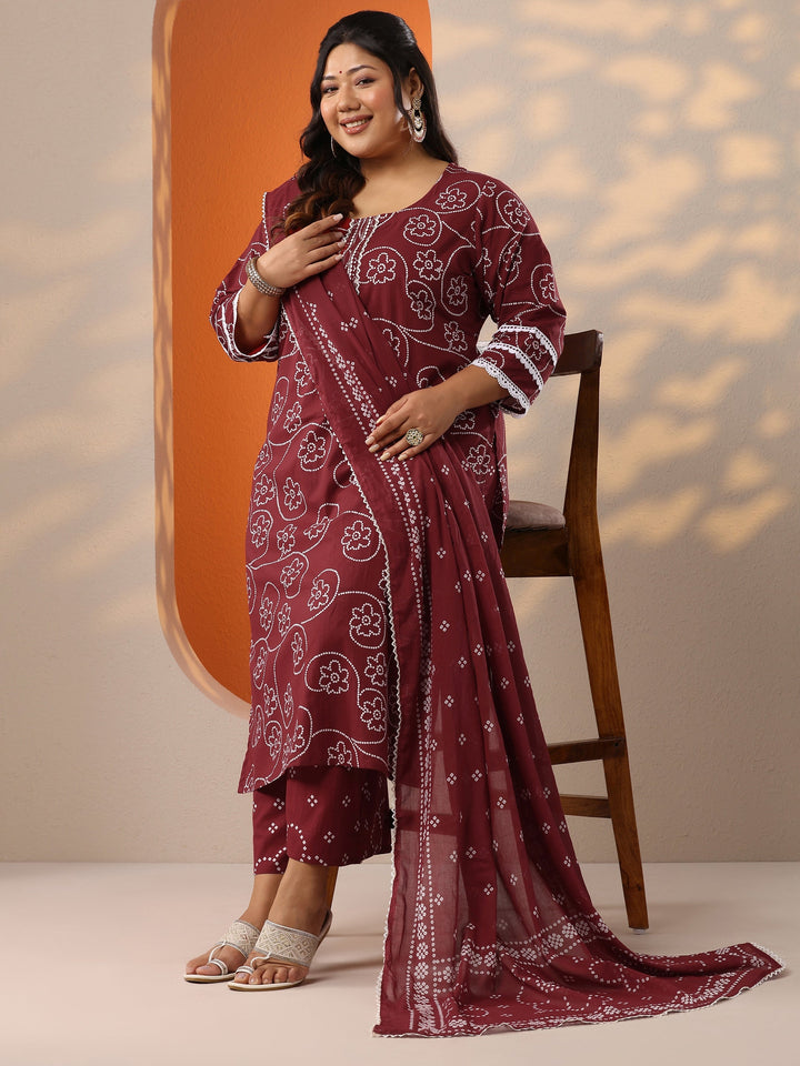 Plus Size Maroon Printed Cotton Straight Suit Set With Dupatta