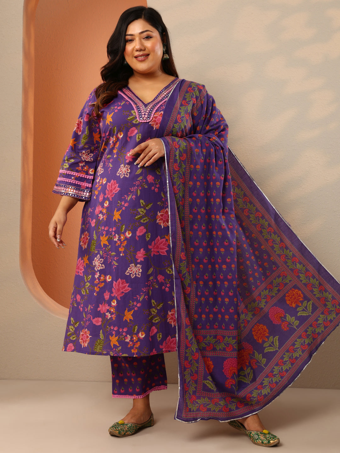 Plus Size Purple Printed Cotton Straight Suit Set With Dupatta