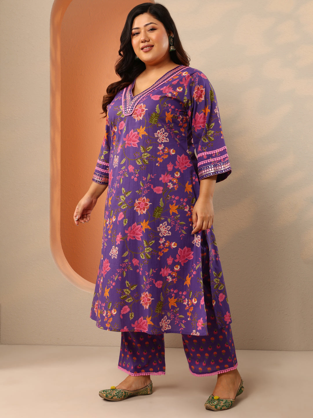 Plus Size Purple Printed Cotton Straight Suit Set With Dupatta