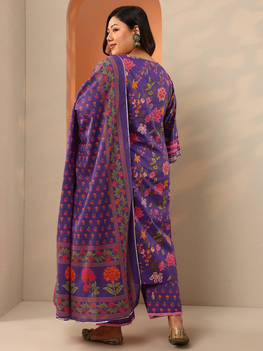 Plus Size Purple Printed Cotton Straight Suit Set With Dupatta