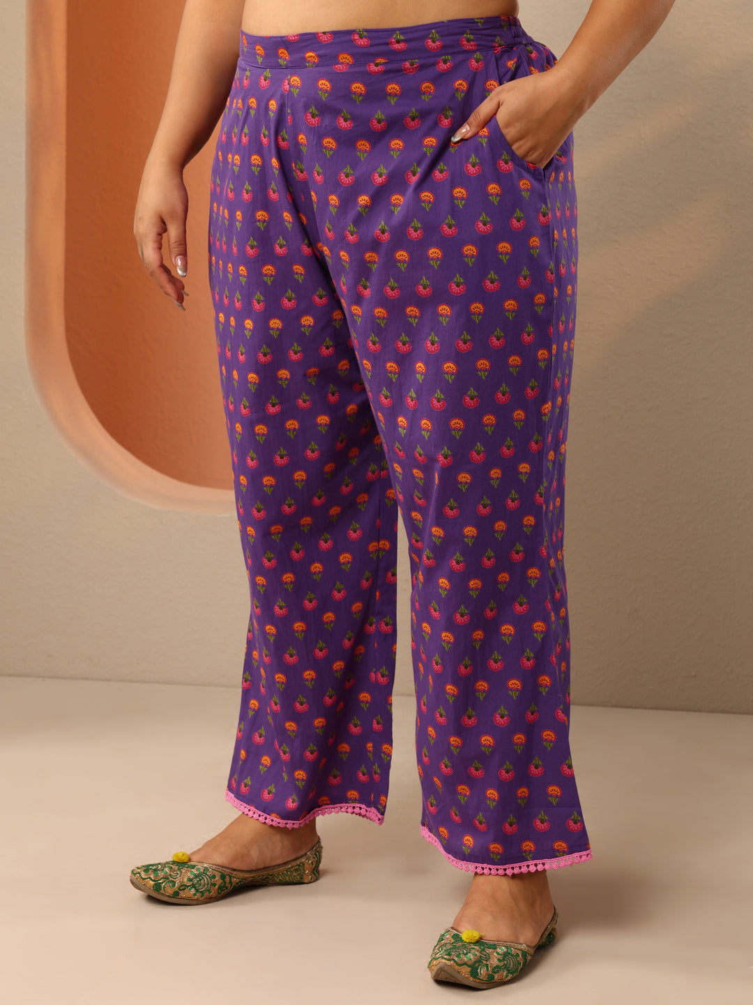 Plus Size Purple Printed Cotton Straight Suit Set With Dupatta