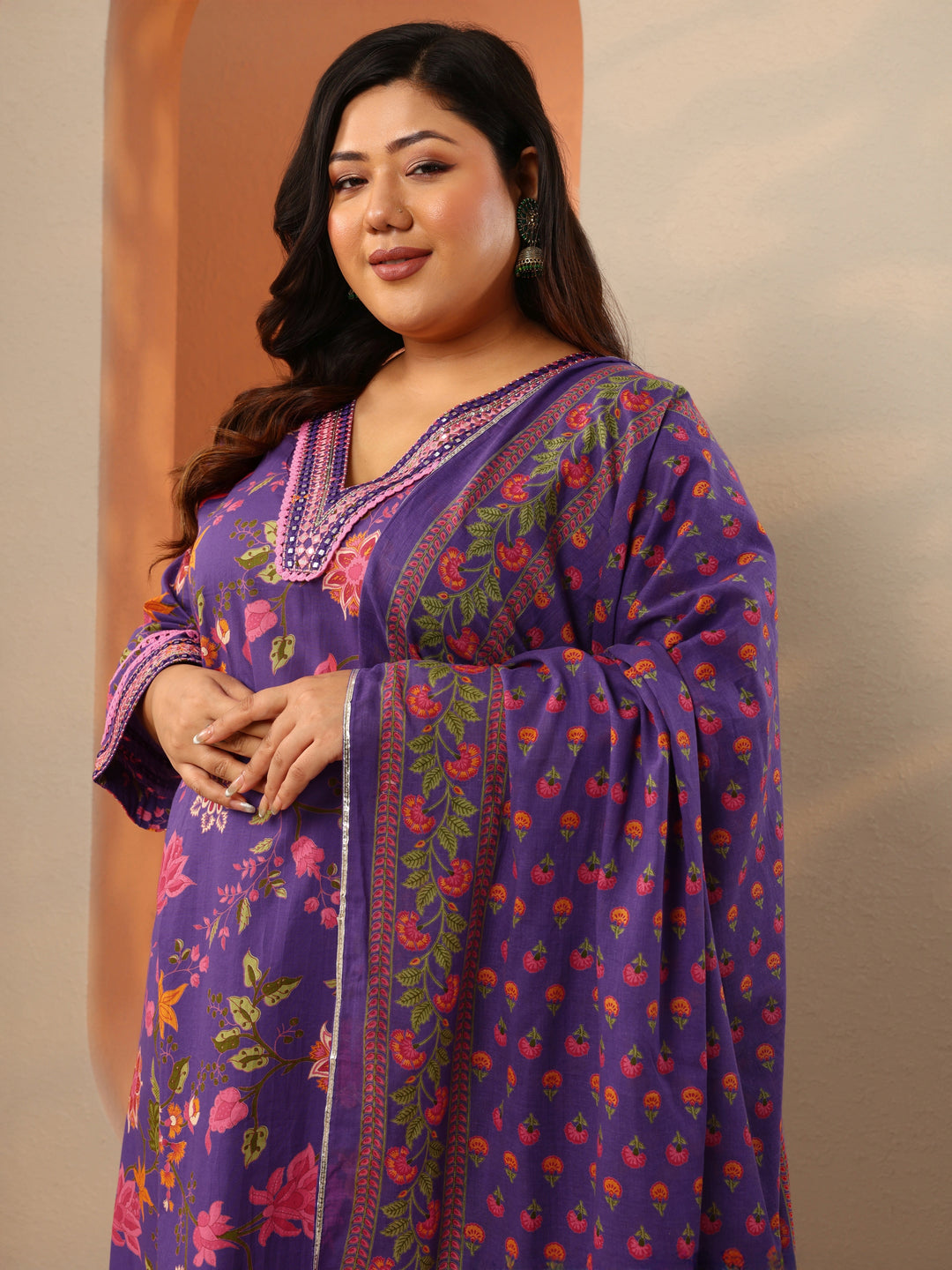 Plus Size Purple Printed Cotton Straight Suit Set With Dupatta