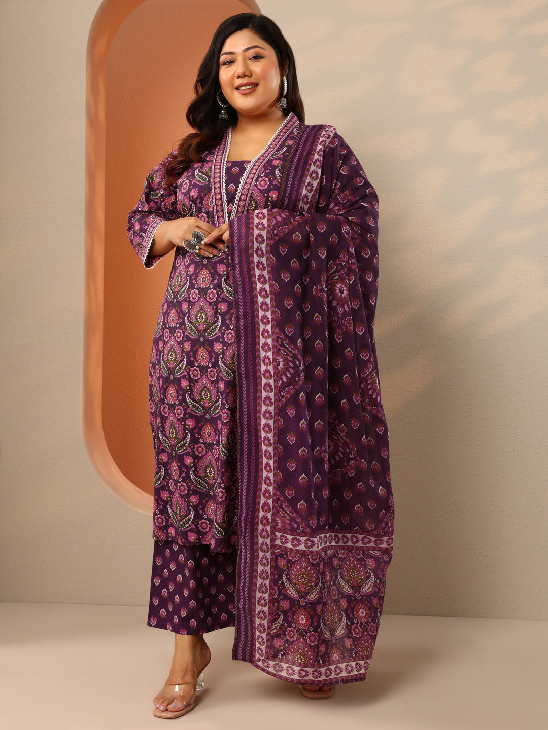 Plus Size Burgundy Printed Cotton Straight Suit Set With Dupatta