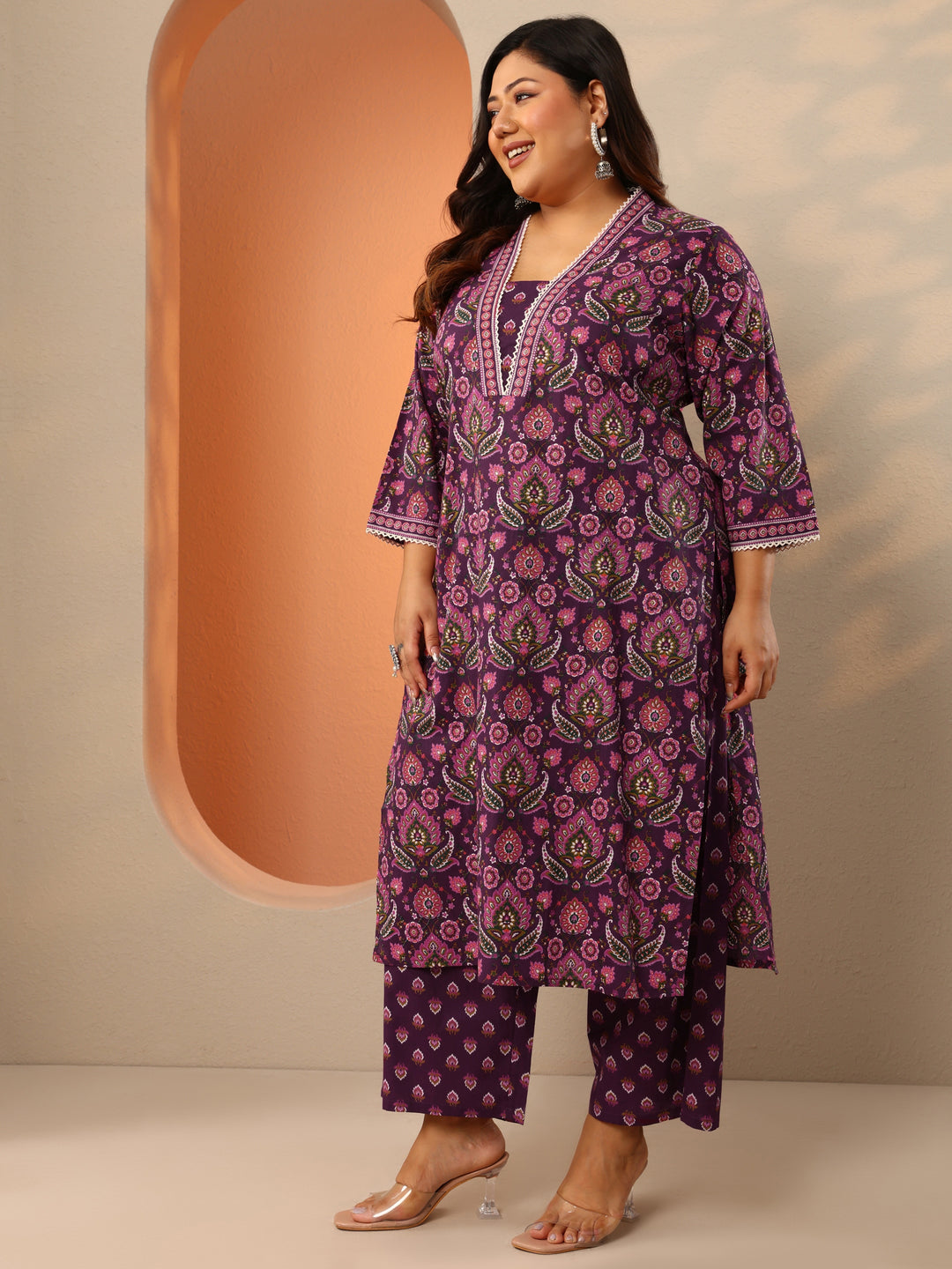 Plus Size Burgundy Printed Cotton Straight Suit Set With Dupatta