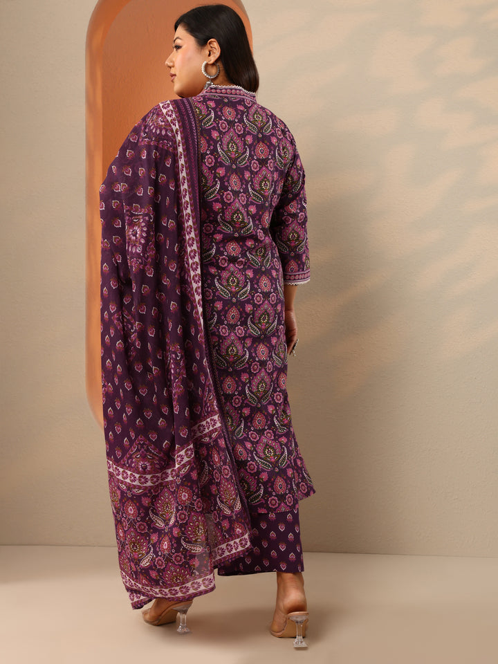 Plus Size Burgundy Printed Cotton Straight Suit Set With Dupatta