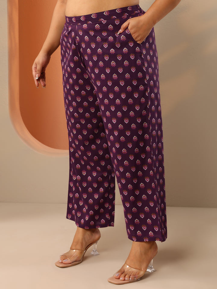 Plus Size Burgundy Printed Cotton Straight Suit Set With Dupatta