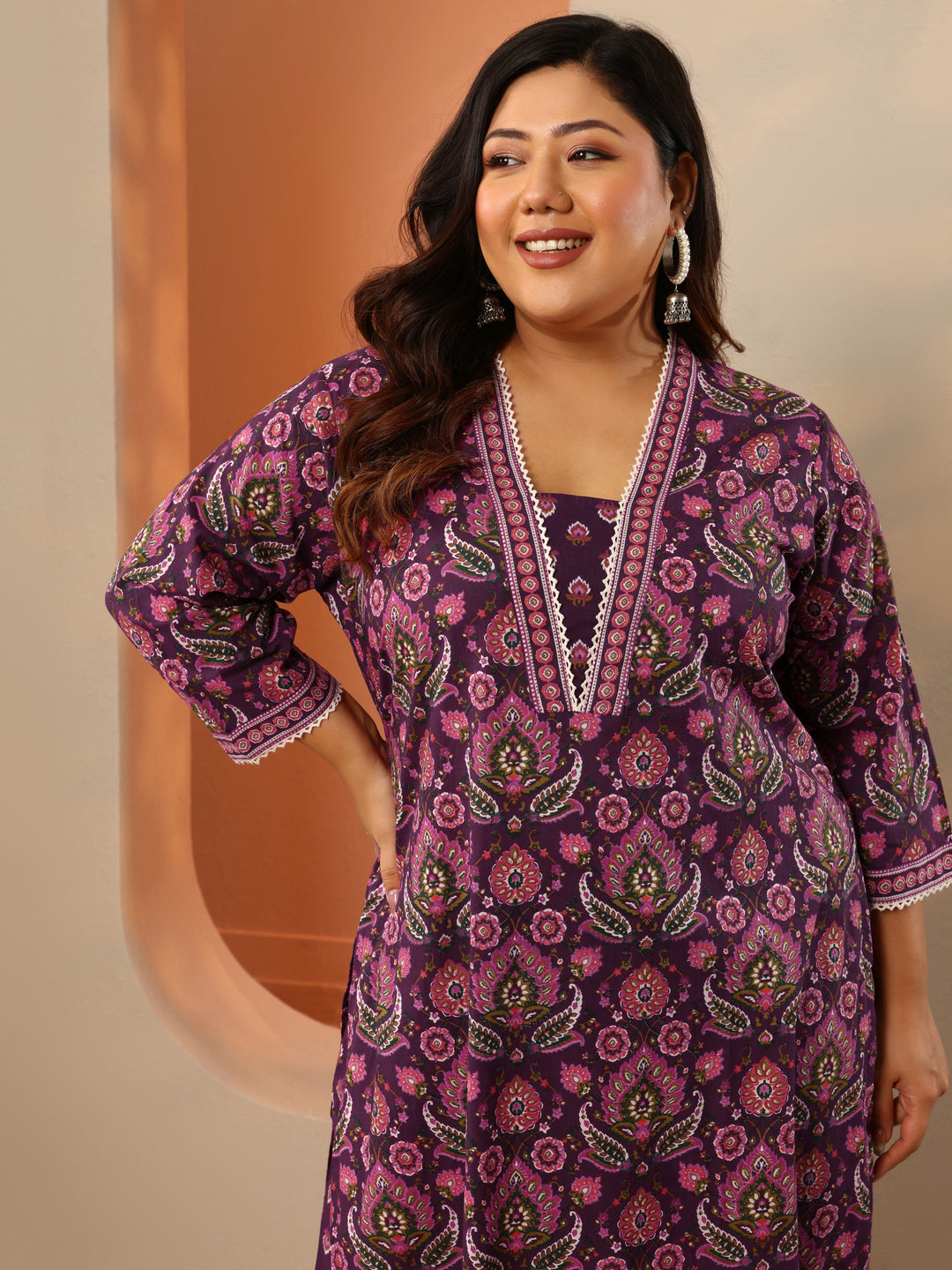 Plus Size Burgundy Printed Cotton Straight Suit Set With Dupatta