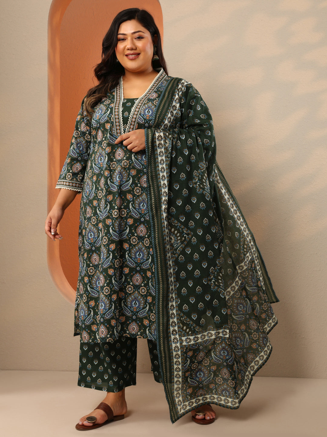 Plus Size Green Printed Cotton Straight Suit Set With Dupatta