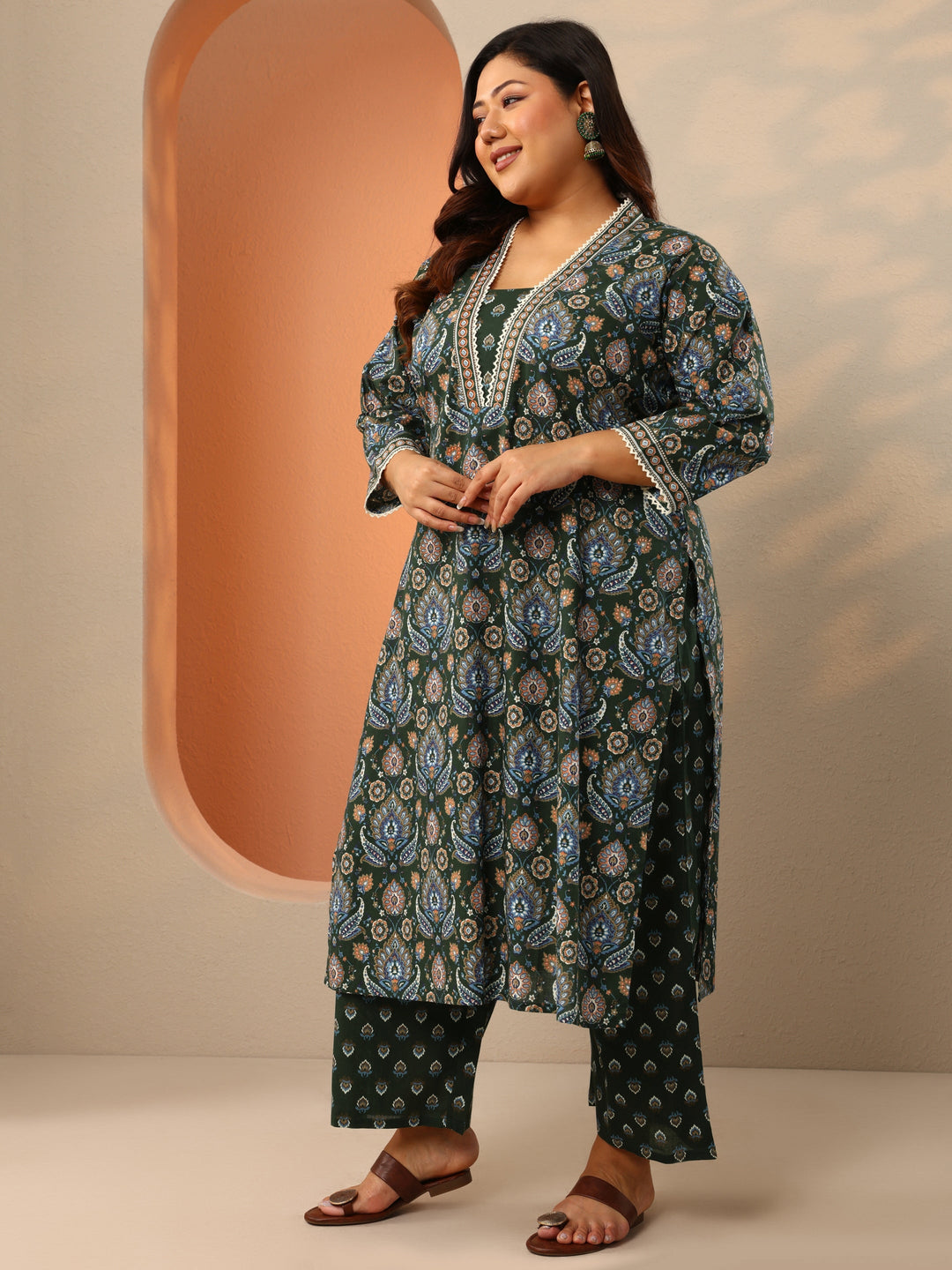 Plus Size Green Printed Cotton Straight Suit Set With Dupatta