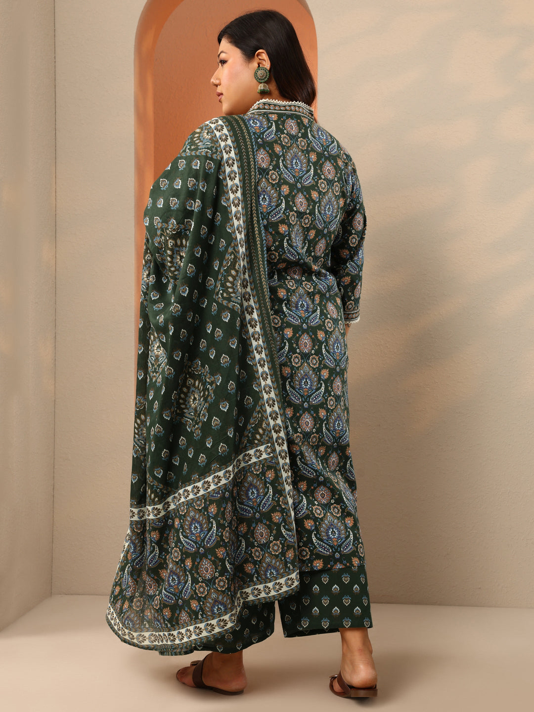 Plus Size Green Printed Cotton Straight Suit Set With Dupatta
