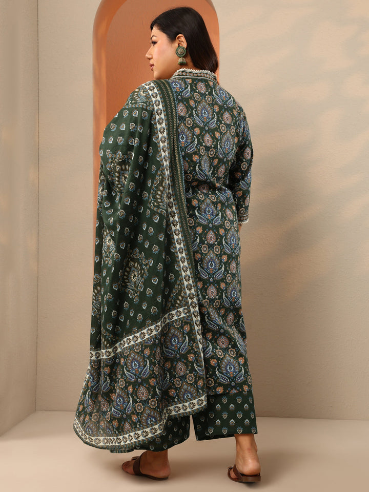 Plus Size Green Printed Cotton Straight Suit Set With Dupatta