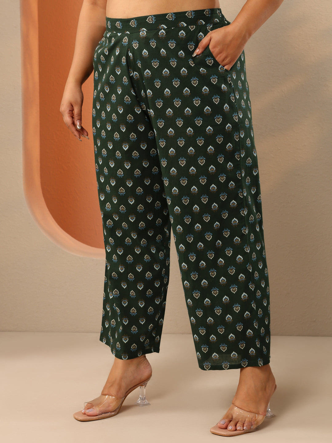 Plus Size Green Printed Cotton Straight Suit Set With Dupatta