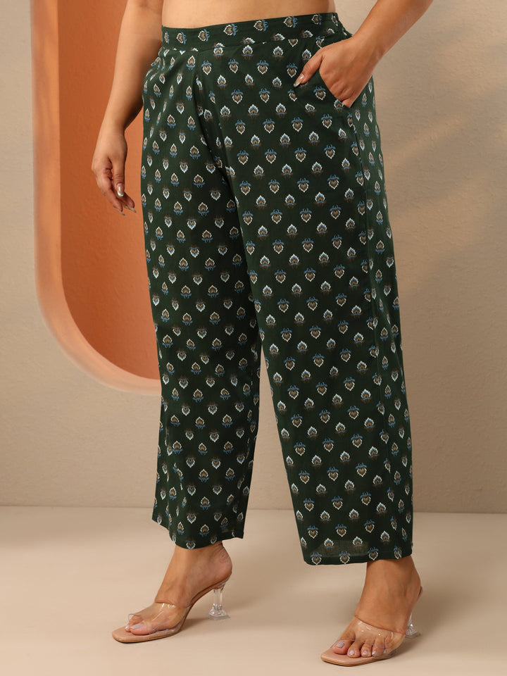 Plus Size Green Printed Cotton Straight Suit Set With Dupatta