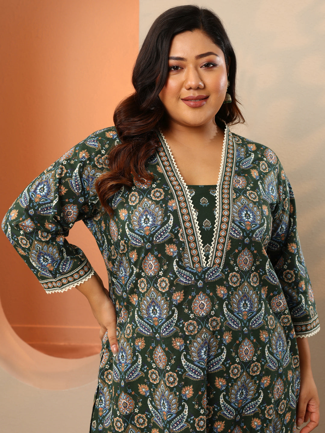 Plus Size Green Printed Cotton Straight Suit Set With Dupatta