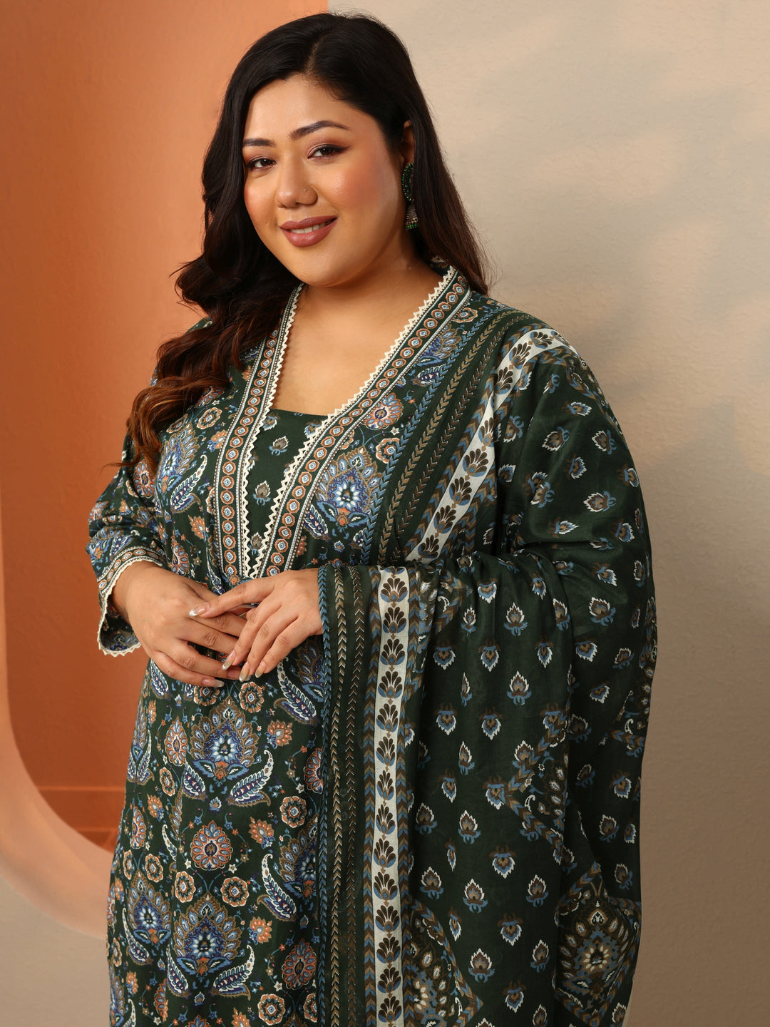 Plus Size Green Printed Cotton Straight Suit Set With Dupatta