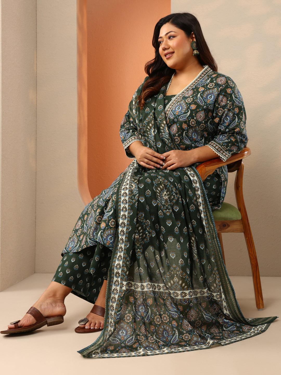 Plus Size Green Printed Cotton Straight Suit Set With Dupatta