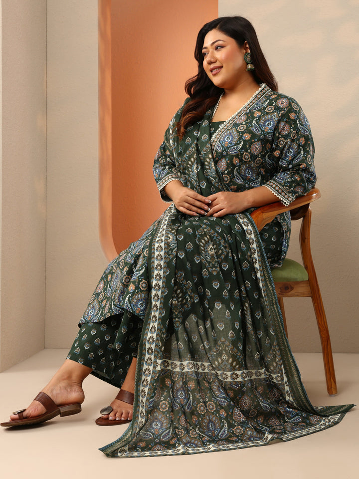 Plus Size Green Printed Cotton Straight Suit Set With Dupatta