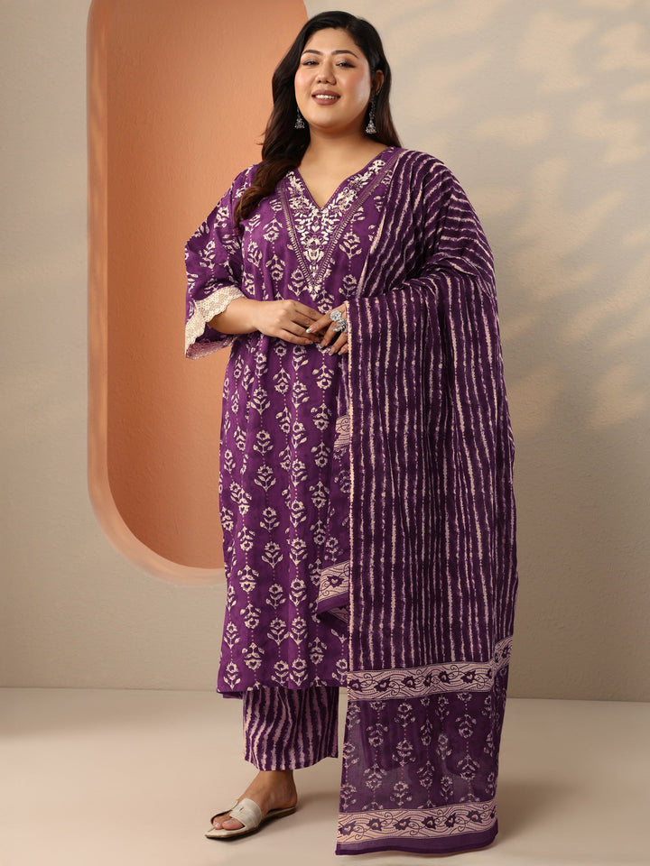Plus Size Purple Printed Cotton Straight Suit Set With Dupatta
