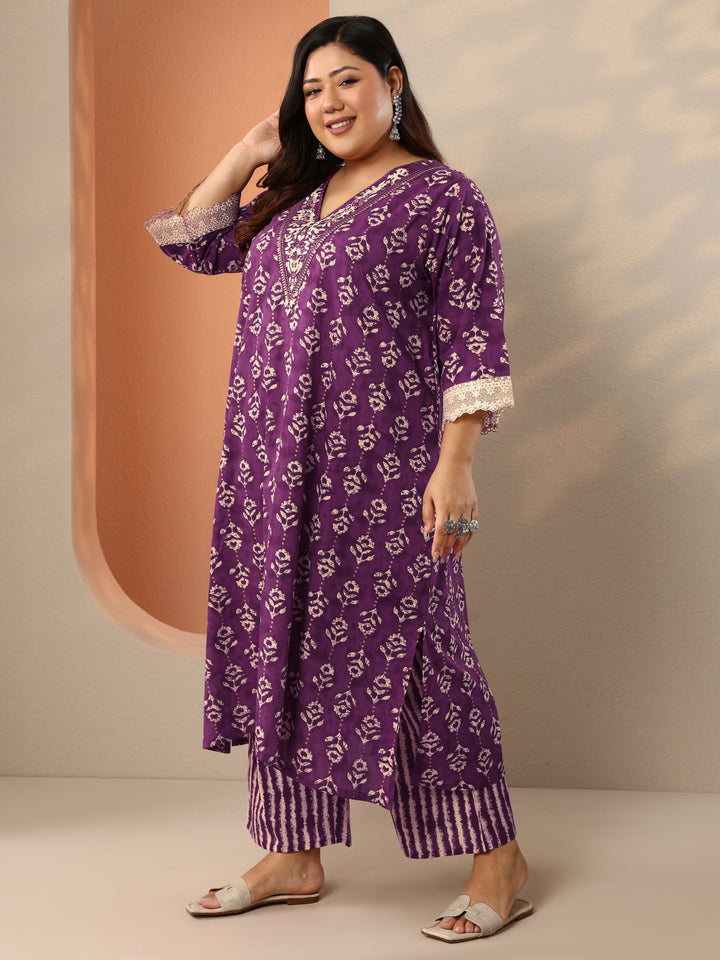Plus Size Purple Printed Cotton Straight Suit Set With Dupatta