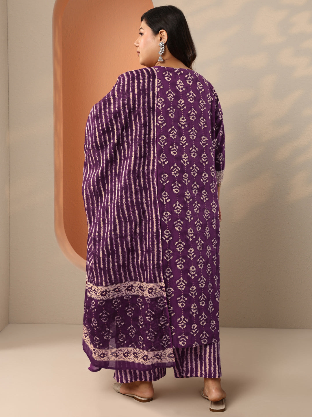 Plus Size Purple Printed Cotton Straight Suit Set With Dupatta