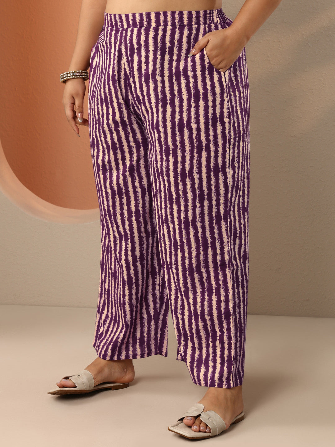 Plus Size Purple Printed Cotton Straight Suit Set With Dupatta