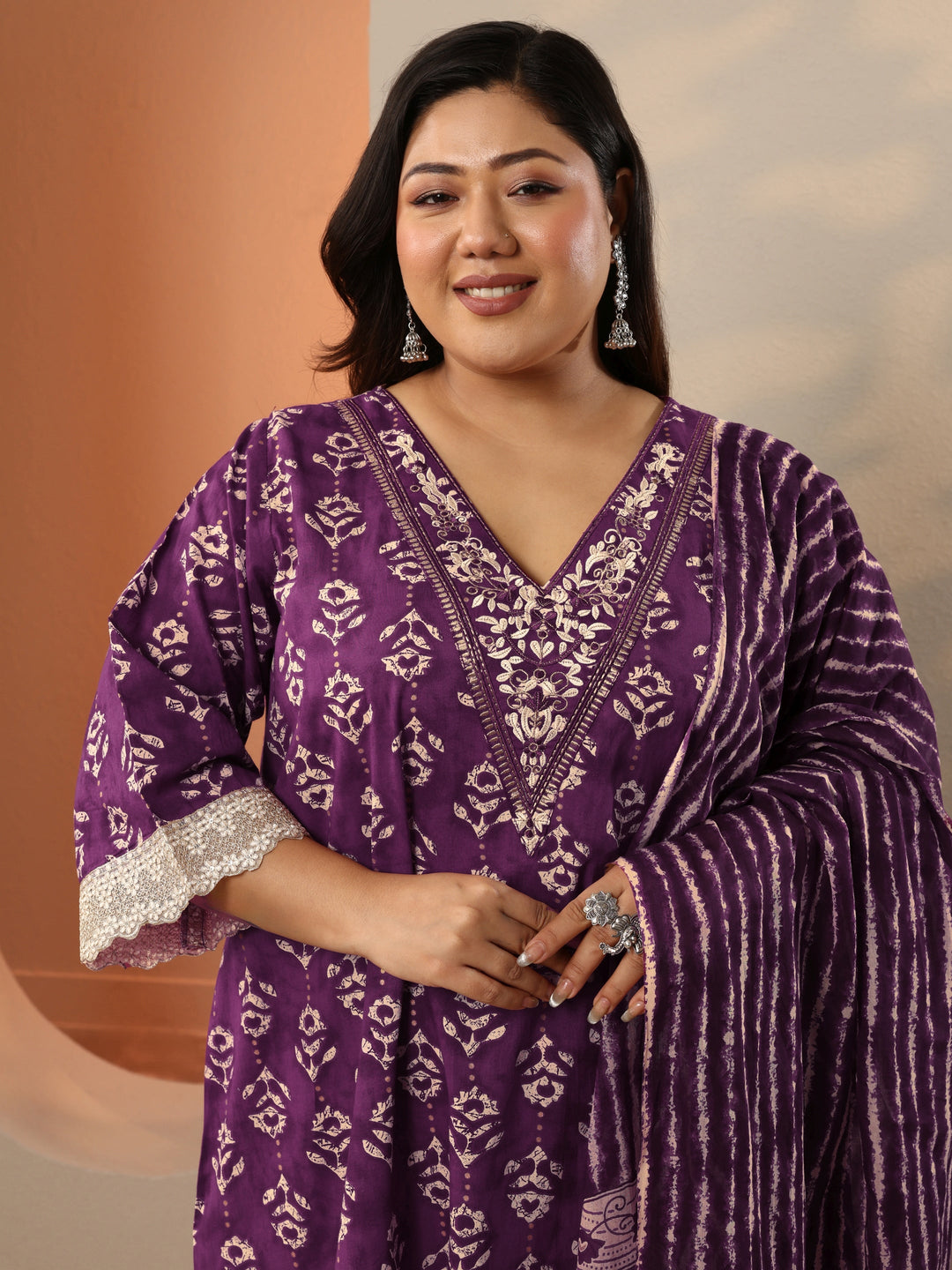 Plus Size Purple Printed Cotton Straight Suit Set With Dupatta