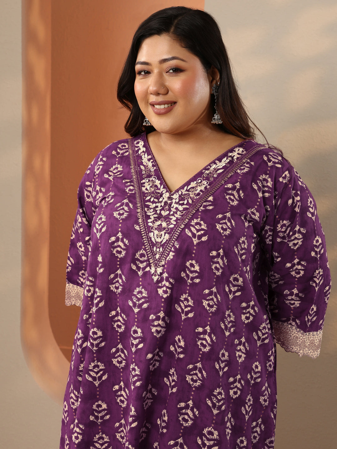 Plus Size Purple Printed Cotton Straight Suit Set With Dupatta