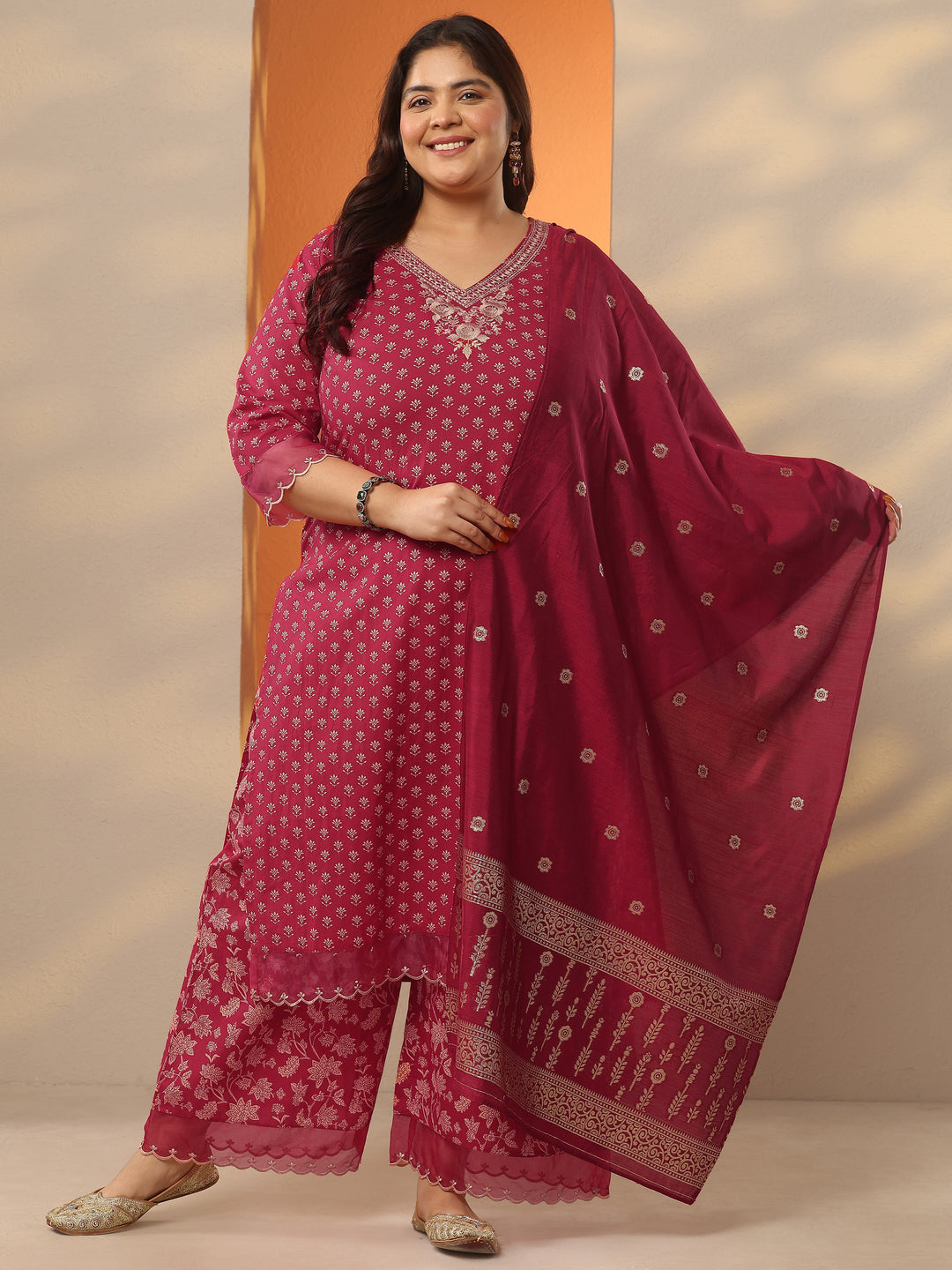 Plus Size Maroon Printed Cotton Straight Suit Set With Dupatta
