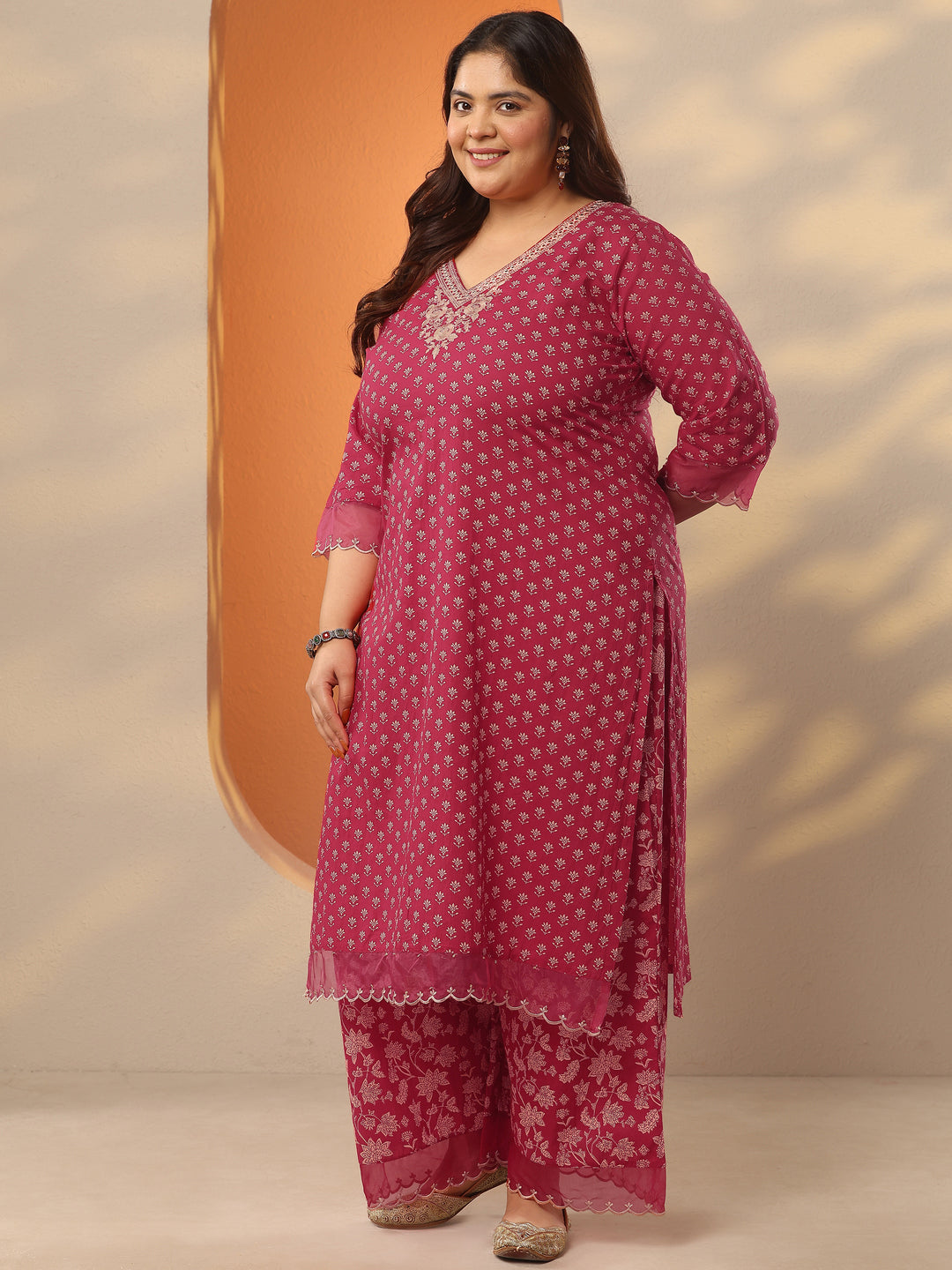Plus Size Maroon Printed Cotton Straight Suit Set With Dupatta