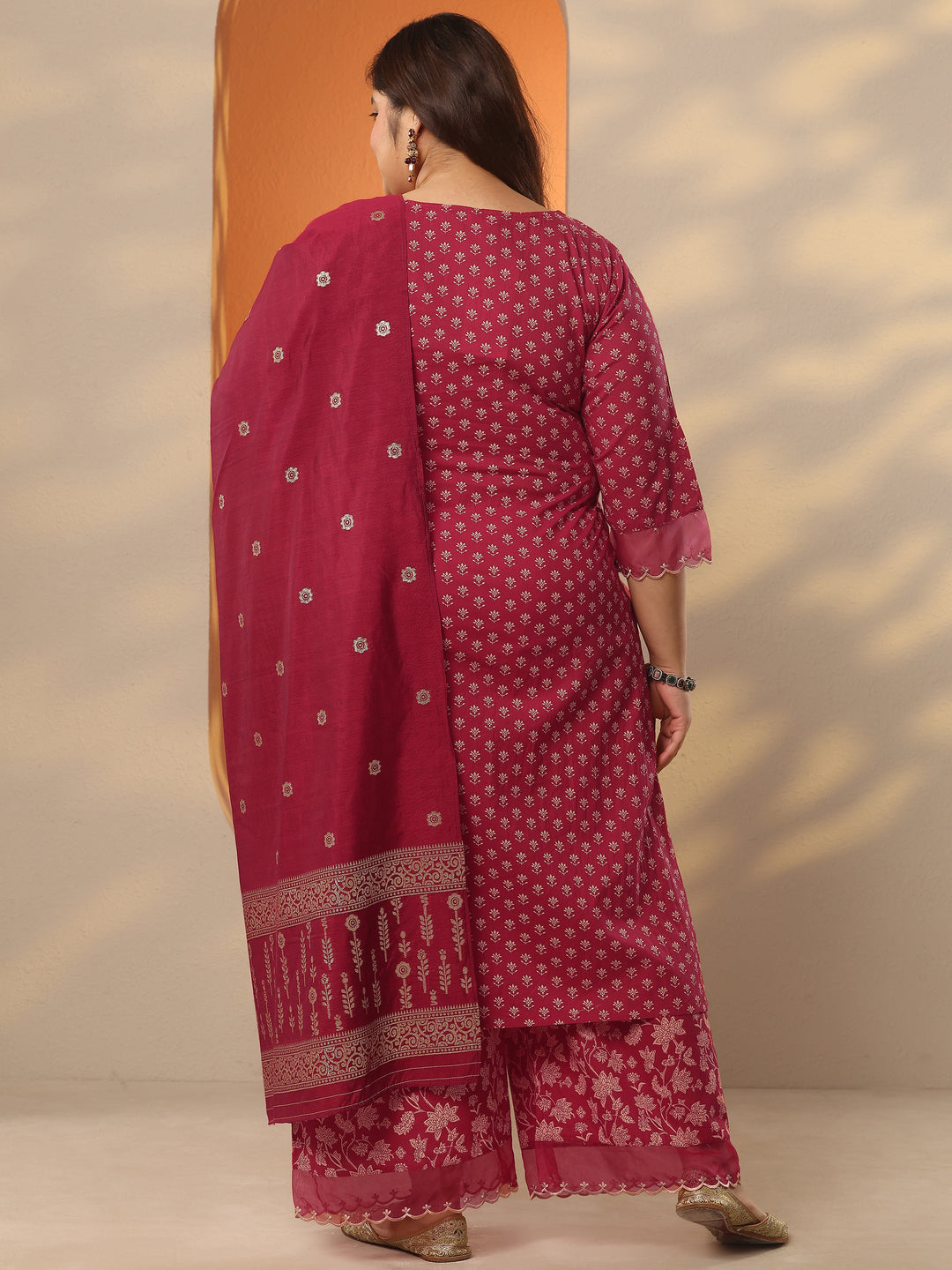 Plus Size Maroon Printed Cotton Straight Suit Set With Dupatta