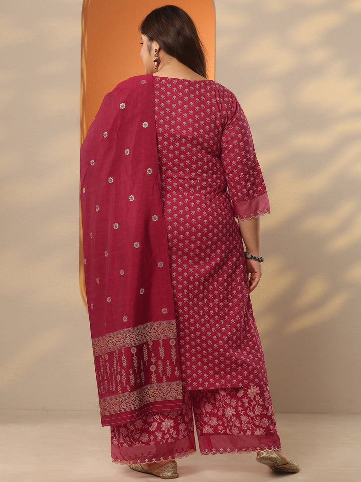 Plus Size Maroon Printed Cotton Straight Suit Set With Dupatta