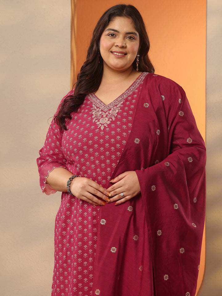 Plus Size Maroon Printed Cotton Straight Suit Set With Dupatta