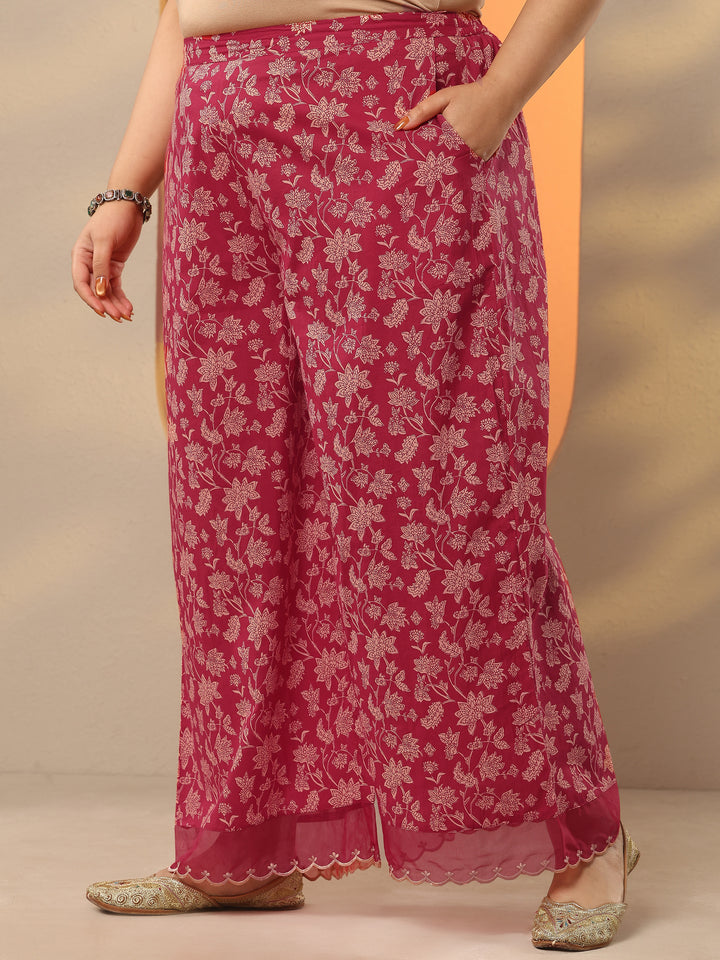 Plus Size Maroon Printed Cotton Straight Suit Set With Dupatta
