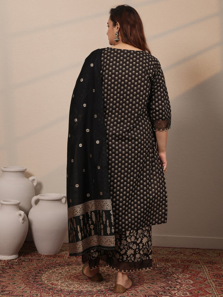 Plus Size Black Printed Cotton Straight Suit Set With Dupatta