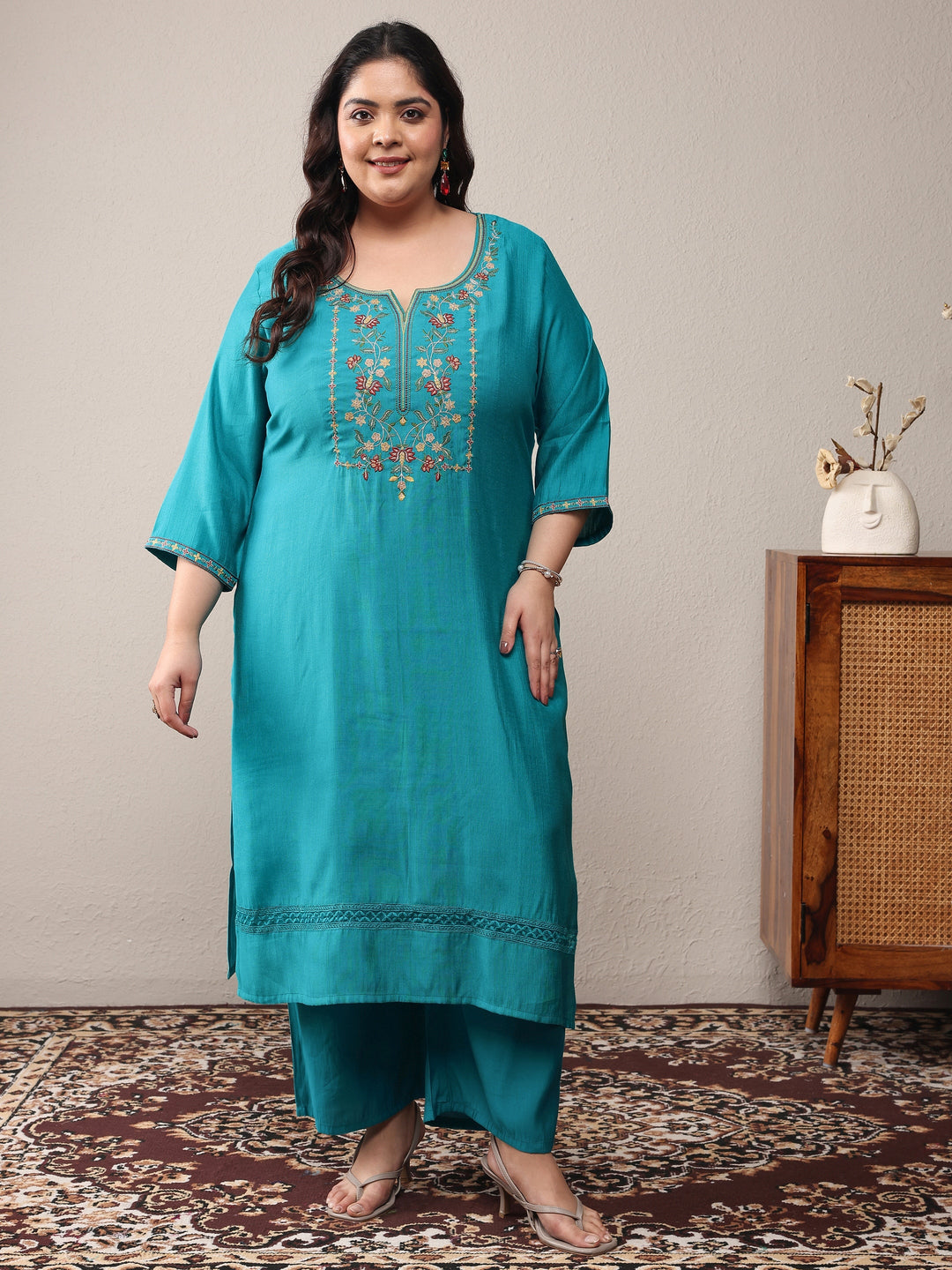 Plus Size Turquoise blue Embroidered Silk Blend Straight Kurta Set