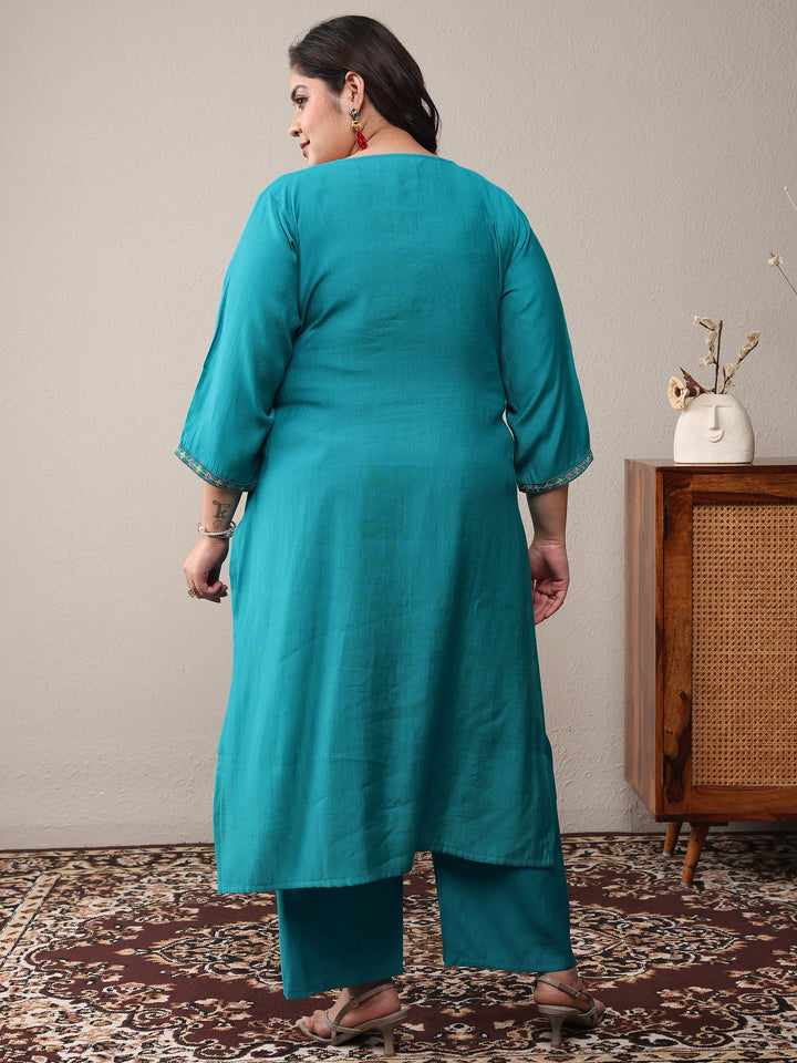 Plus Size Turquoise blue Embroidered Silk Blend Straight Kurta Set