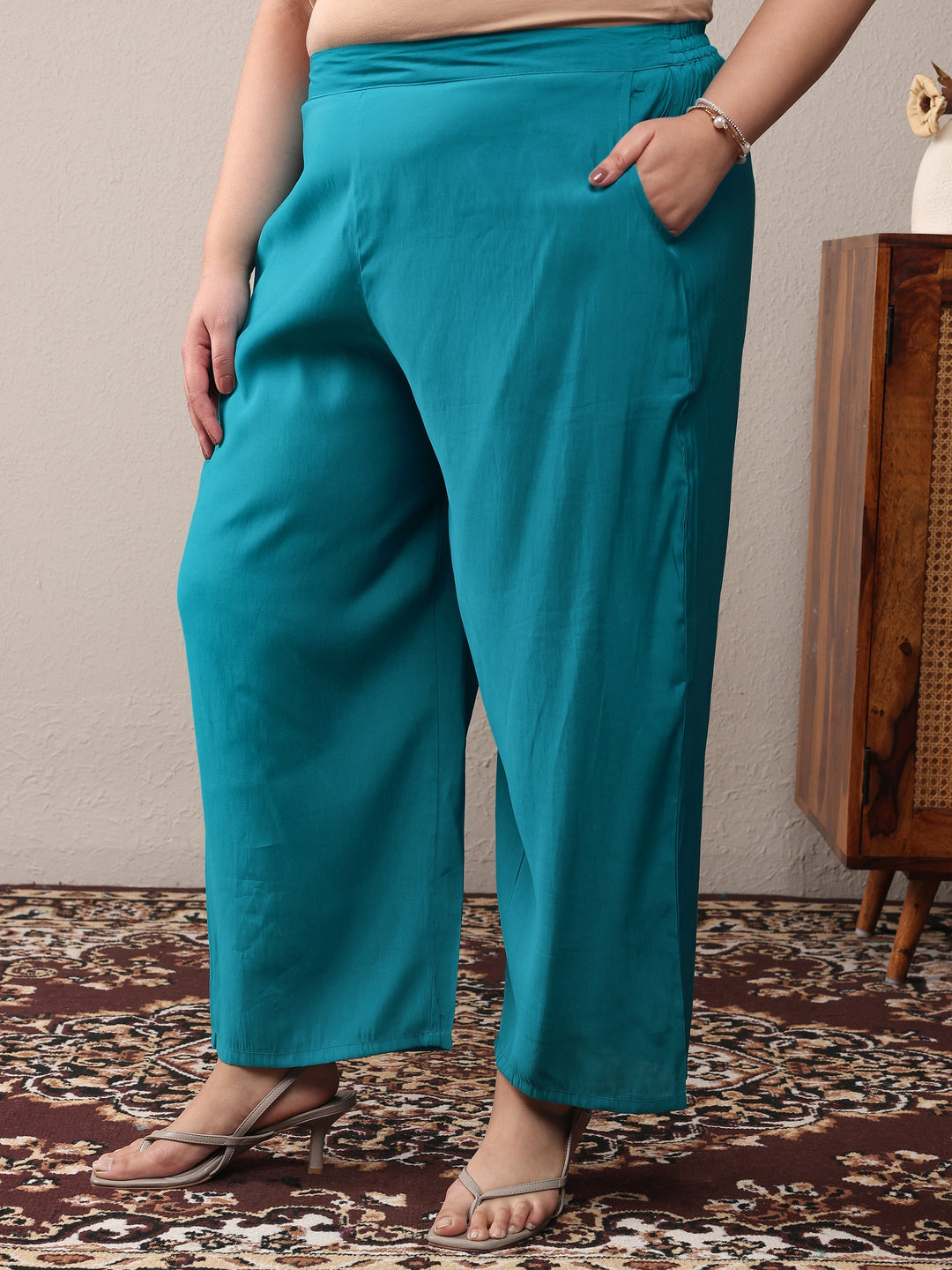 Plus Size Turquoise blue Embroidered Silk Blend Straight Kurta Set