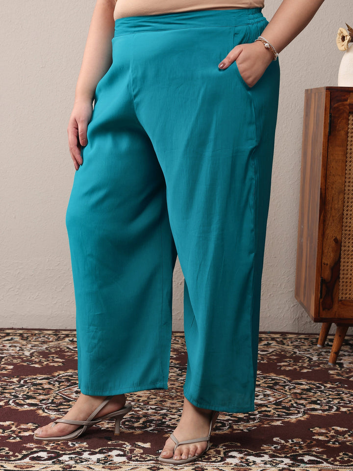 Plus Size Turquoise blue Embroidered Silk Blend Straight Kurta Set