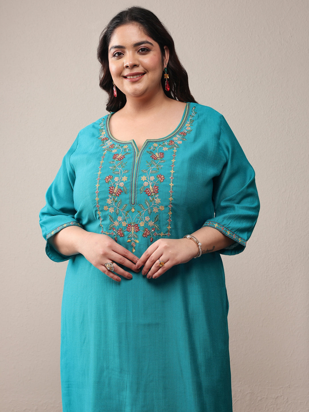 Plus Size Turquoise blue Embroidered Silk Blend Straight Kurta Set