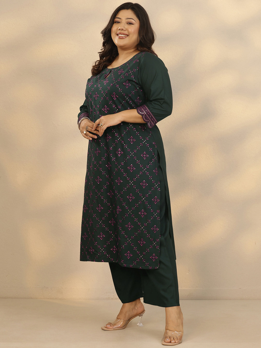 Plus Size Green Printed Rayon Straight Kurta Set