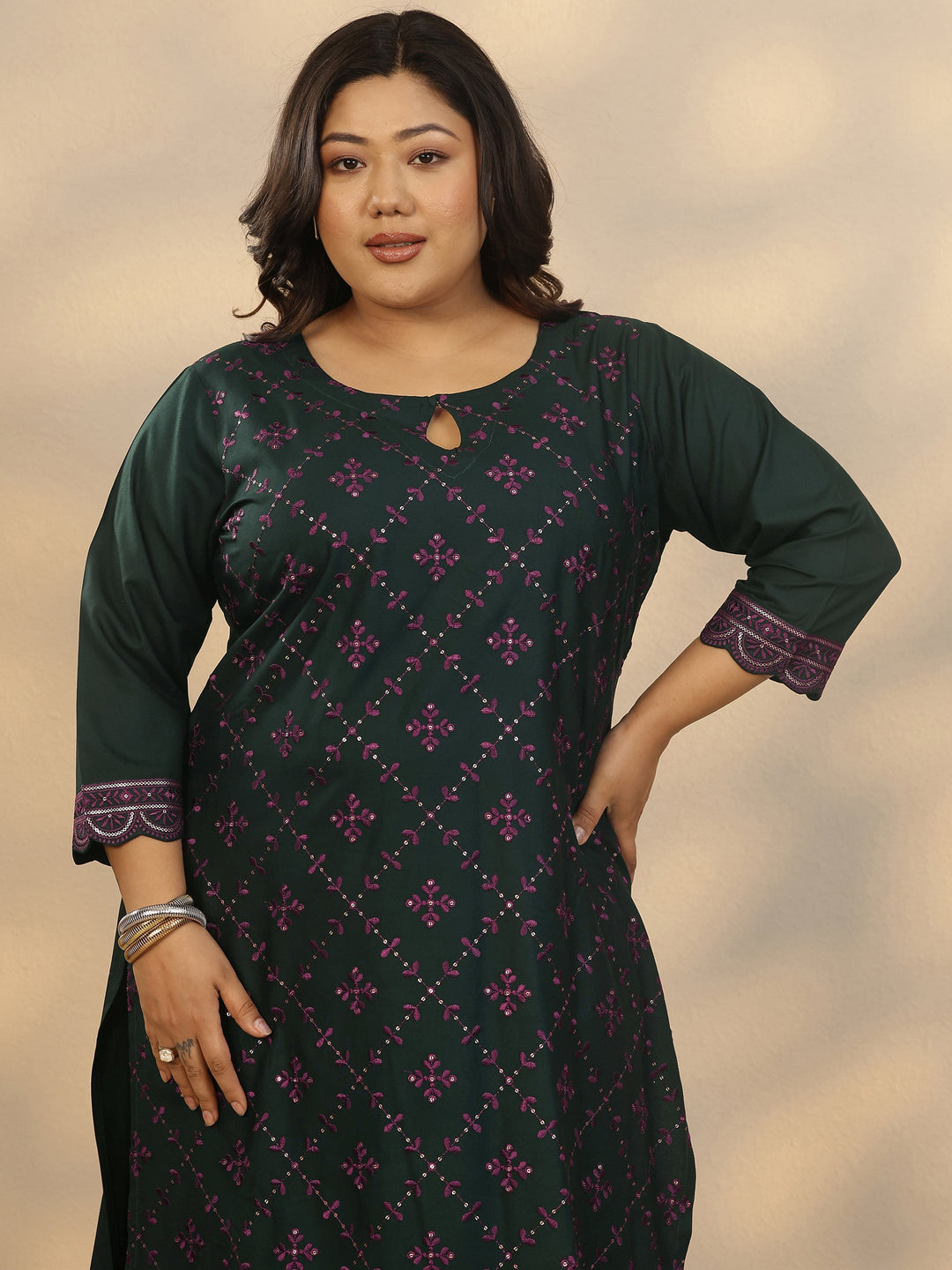 Plus Size Green Printed Rayon Straight Kurta Set