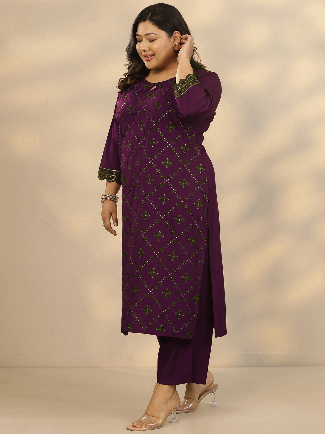 Plus Size Burgundy Embroidered Rayon Straight Kurta Set
