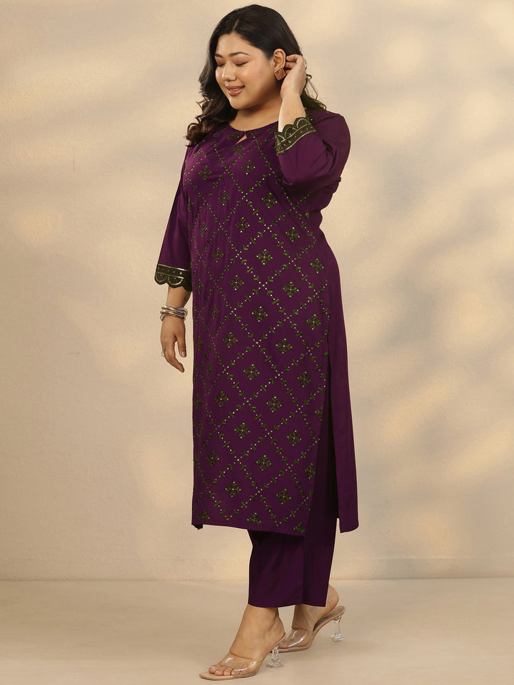 Plus Size Burgundy Embroidered Rayon Straight Kurta Set
