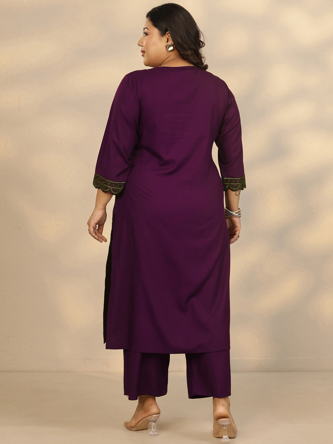 Plus Size Burgundy Embroidered Rayon Straight Kurta Set
