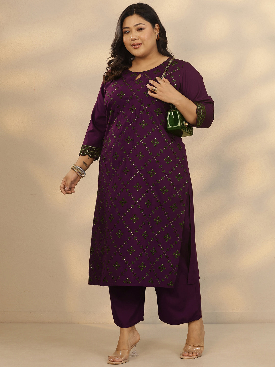 Plus Size Burgundy Embroidered Rayon Straight Kurta Set