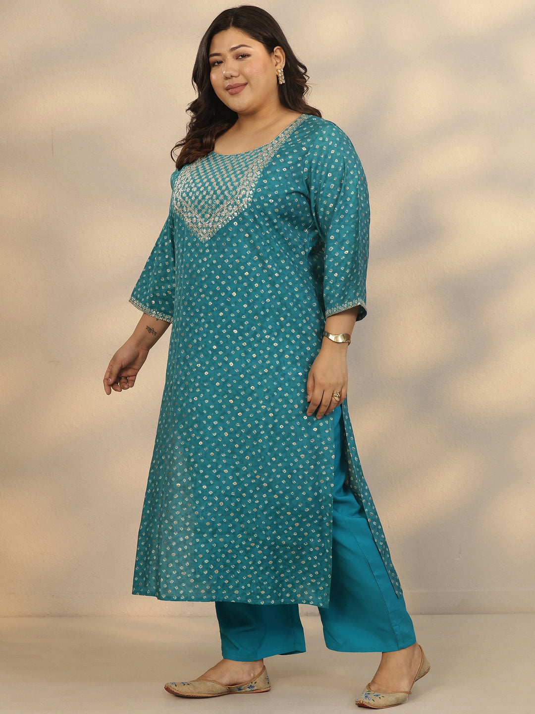 Plus Size Blue Printed Silk Blend Straight Suit Set With Dupatta