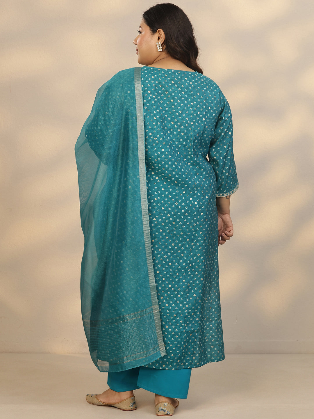 Plus Size Blue Printed Silk Blend Straight Suit Set With Dupatta