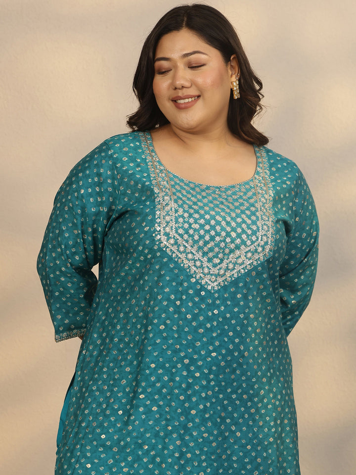Plus Size Blue Printed Silk Blend Straight Suit Set With Dupatta