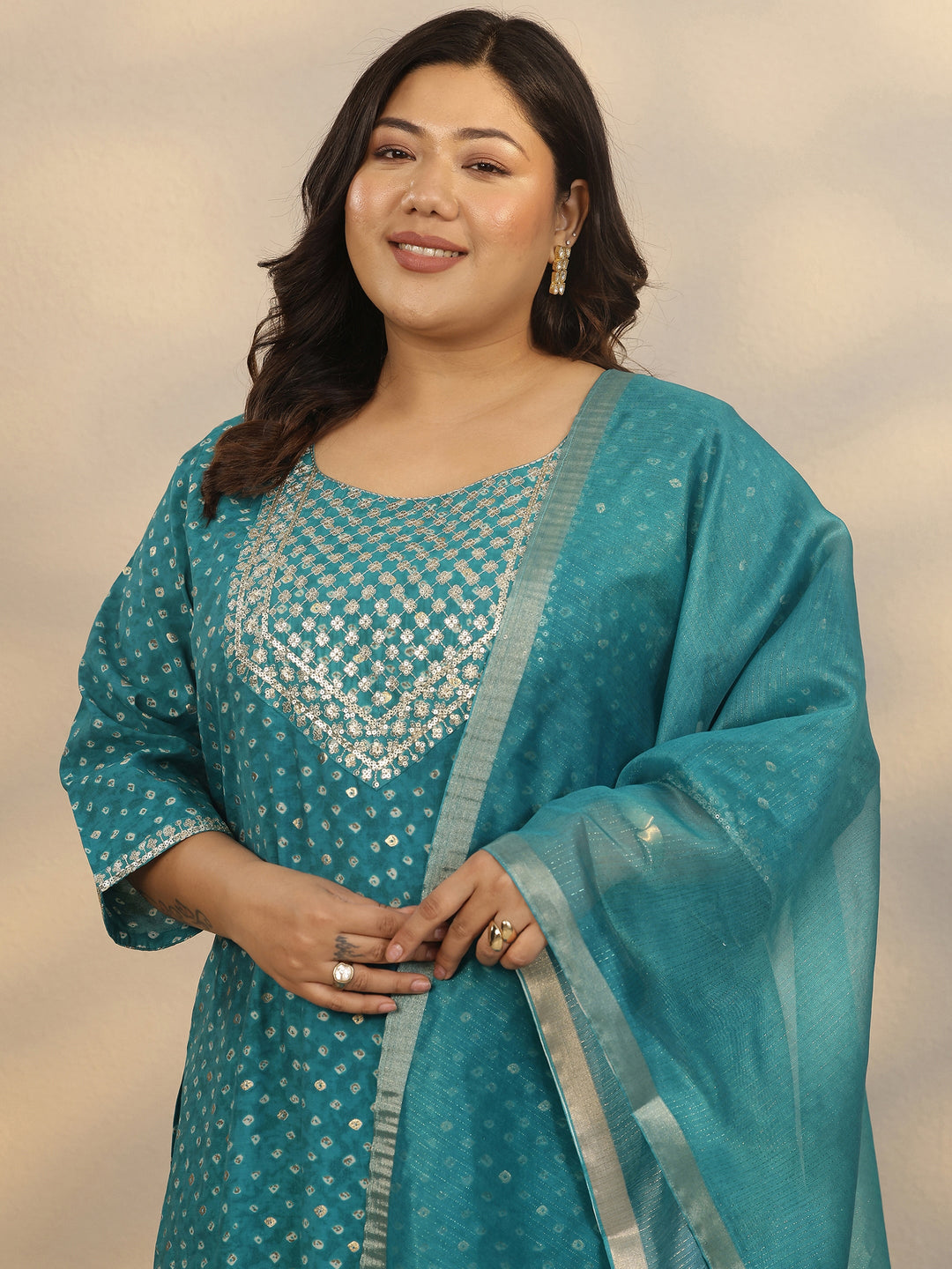 Plus Size Blue Printed Silk Blend Straight Suit Set With Dupatta